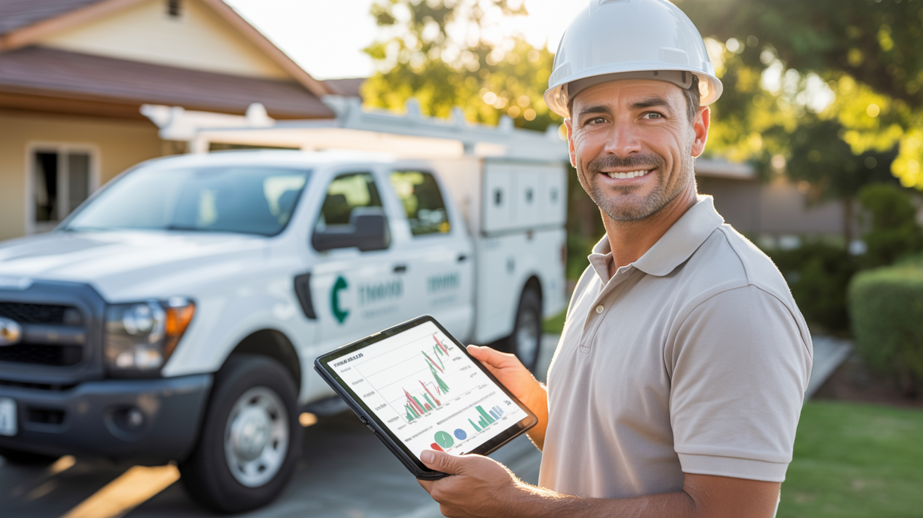 Successful Virginia contractor standing beside work truck reviewing business growth on tablet