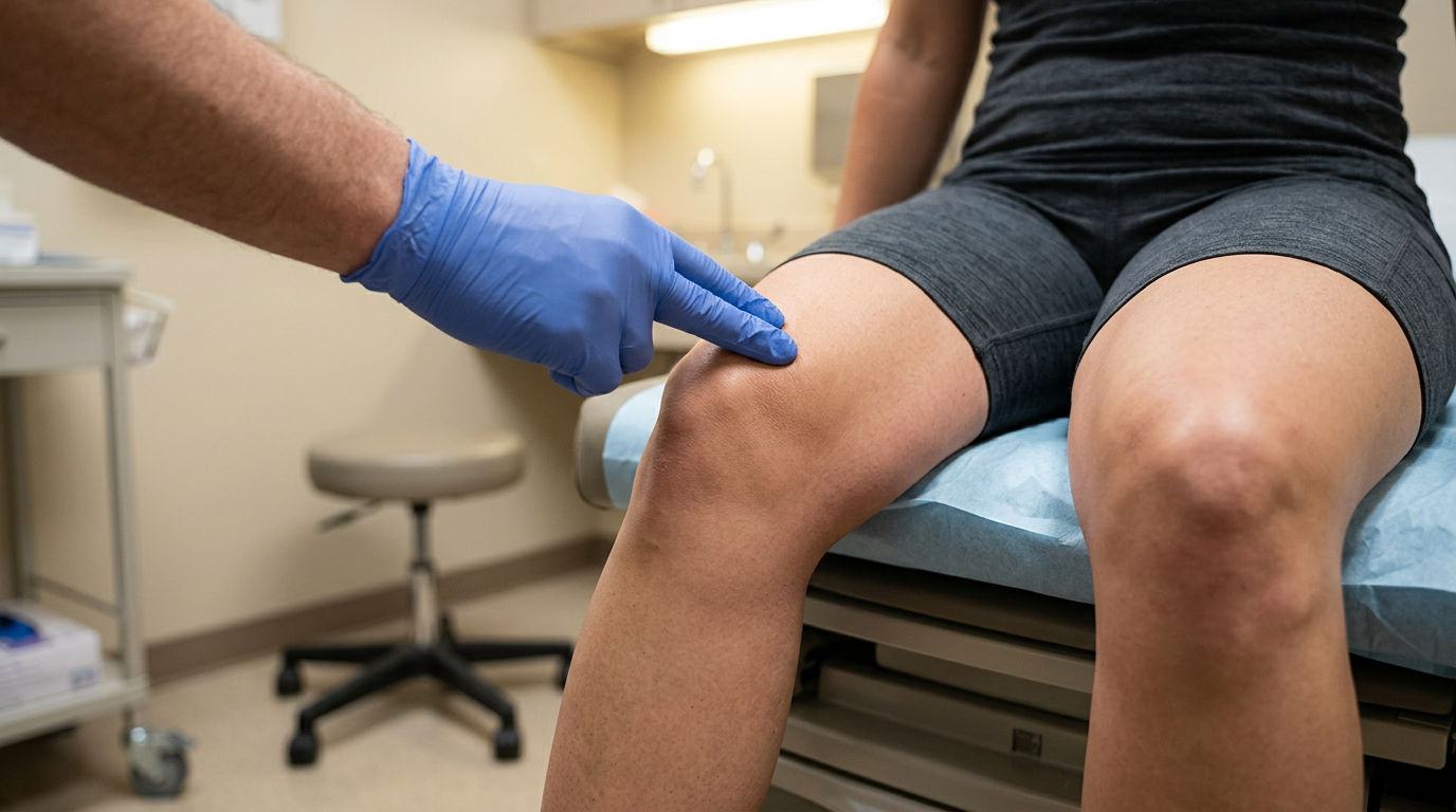 Clinical photograph of an examiner placing a gloved hand on a patient's kneecap to feel for crepitus as the knee bends