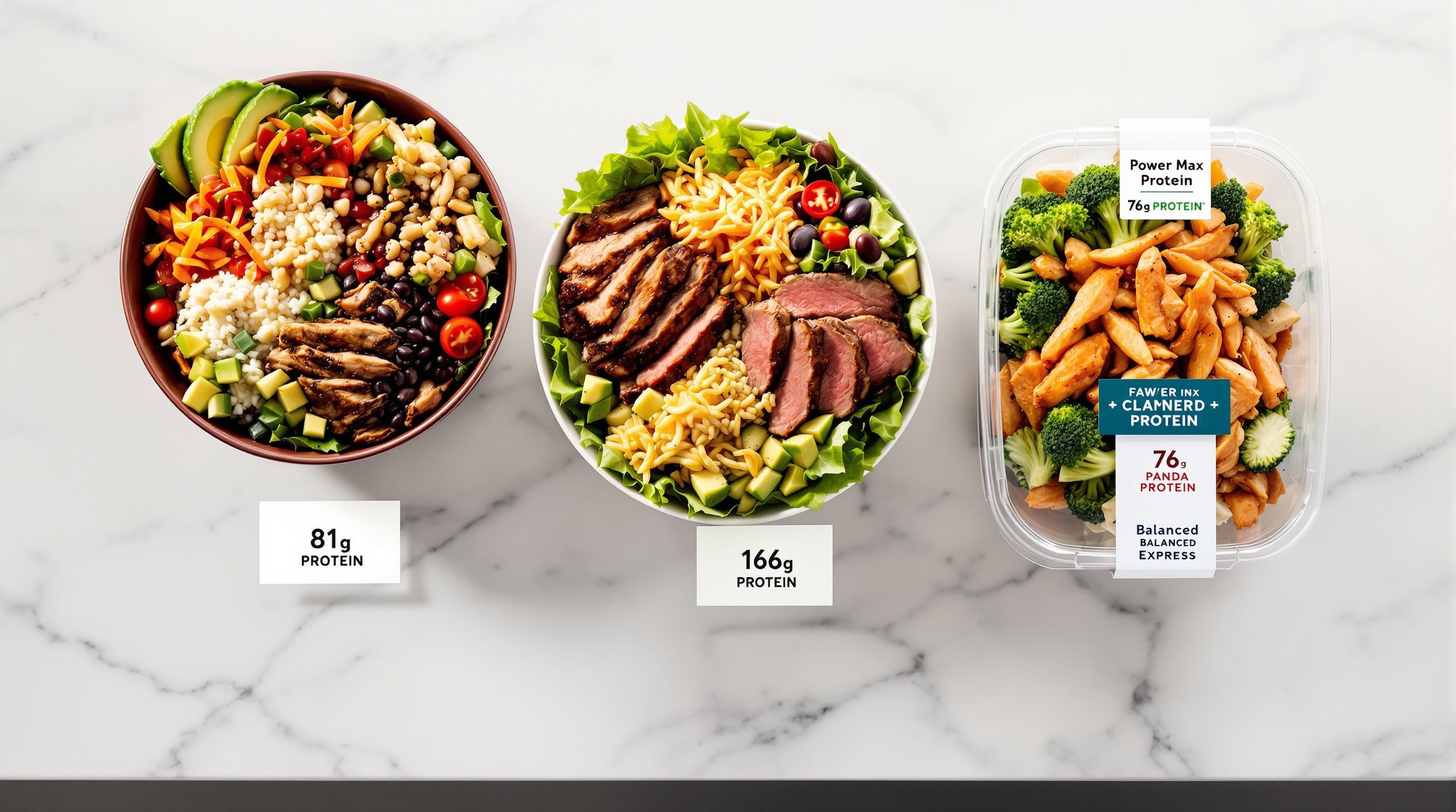 Comparison of high-protein bowls from major fast food chains showing Chipotle, Sweetgreen, and Panda Express protein offerings in 2025