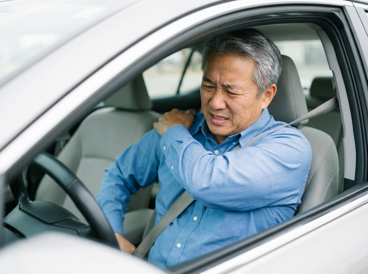 An Asian male veteran in a car wincing as the reaching motion to grab the seatbelt threatens to dislocate his shoulder
