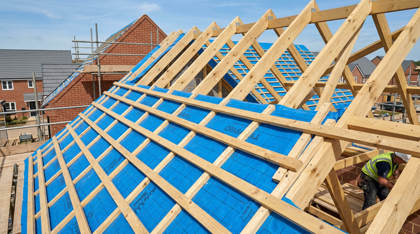 Timber roof trusses and battens on a new roof installation