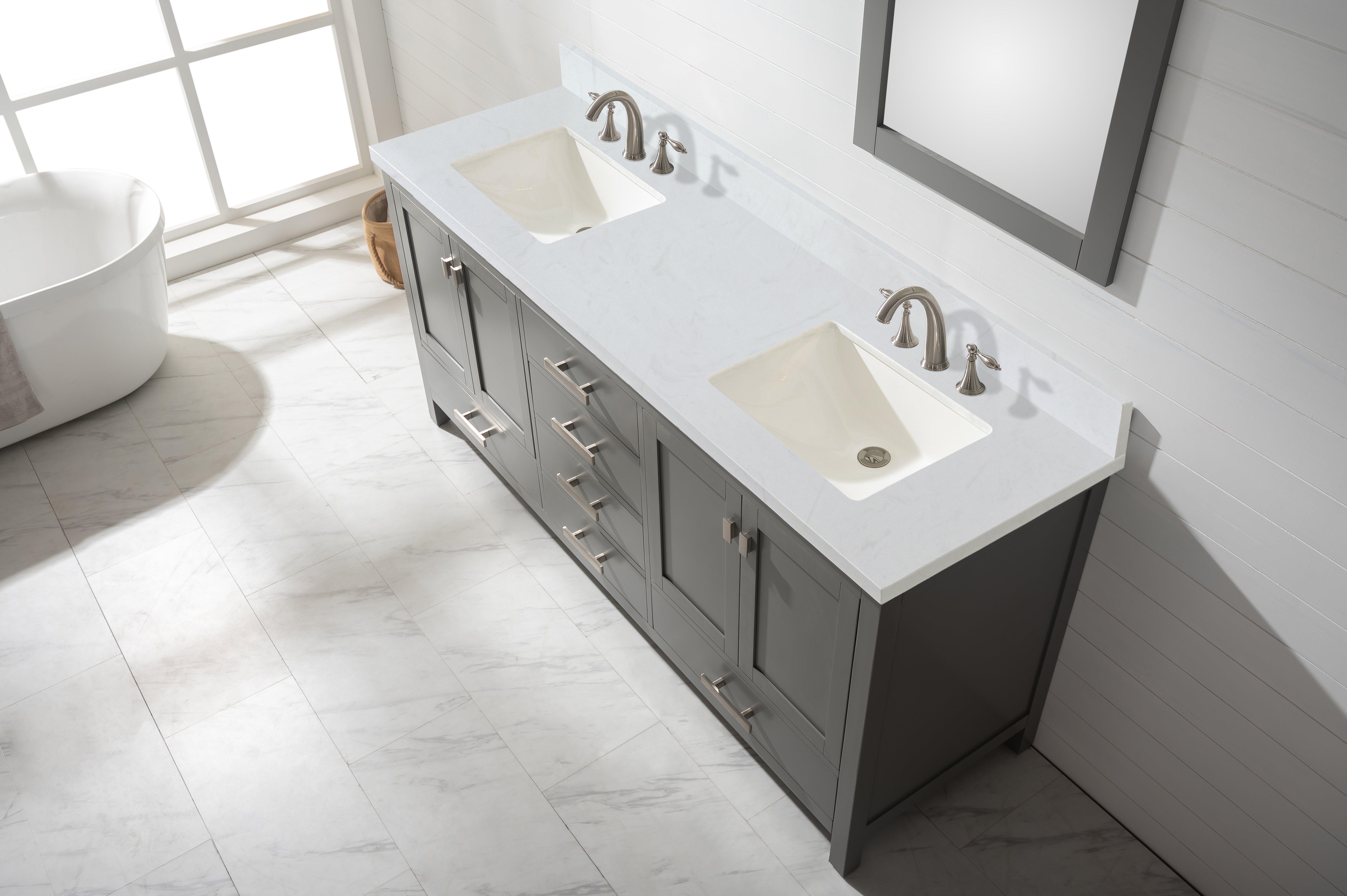 Quartz bathroom vanity countertop with double sinks and modern fixtures