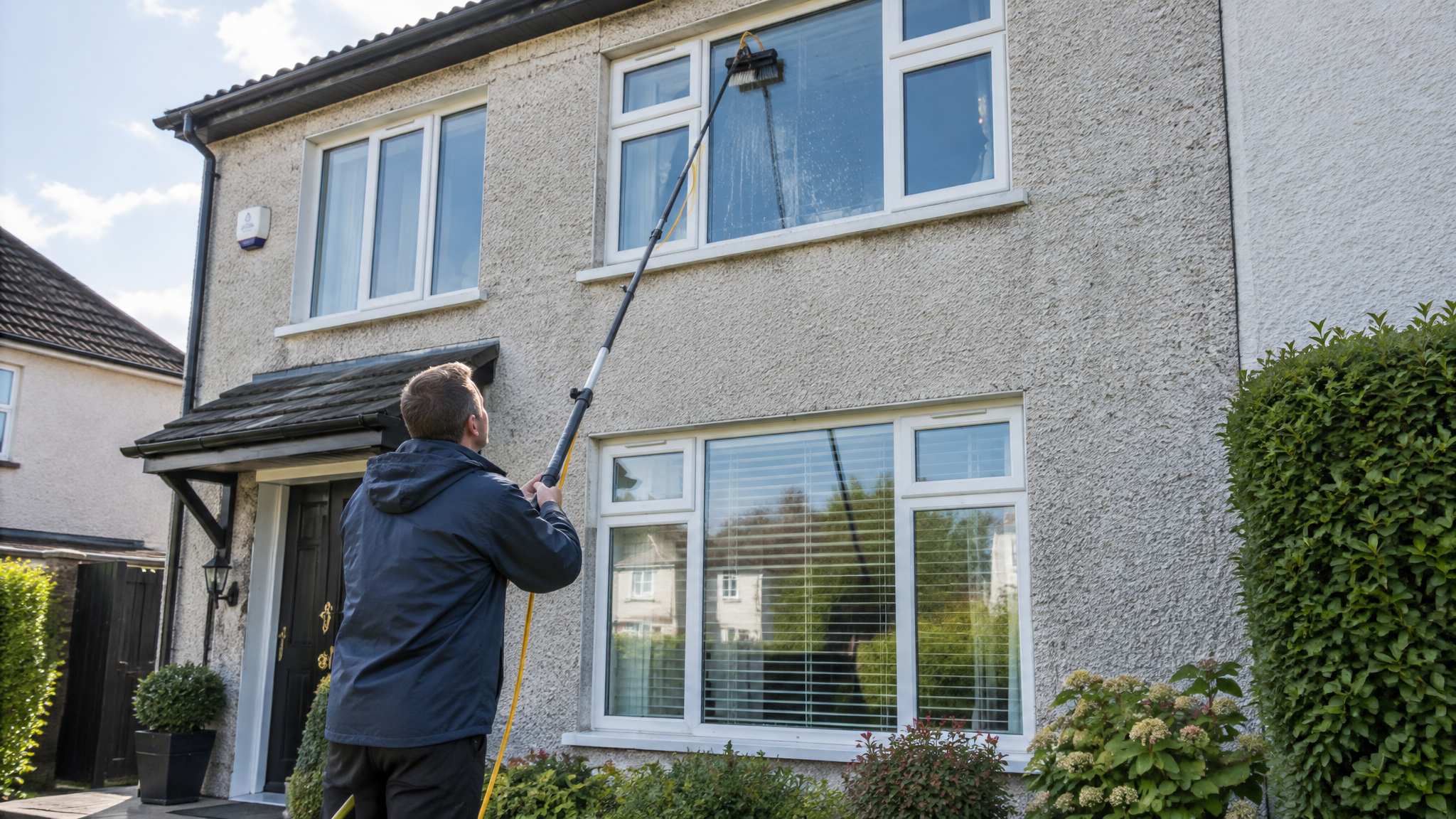 Window cleaning with a water-fed pole on an Irish house
