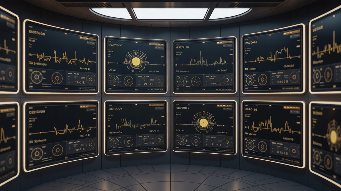 Cinematisches Editorial-Visual eines dunklen Kontrollraums mit goldleuchtenden Monitoring-Bildschirmen und Echtzeit-Statusanzeigen autonomer Systeme