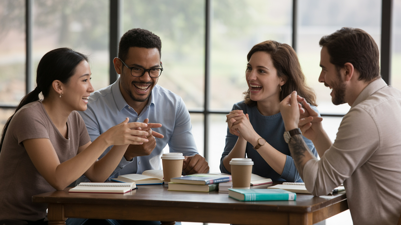 Diverse group of friends learning languages together, sharing knowledge and culture