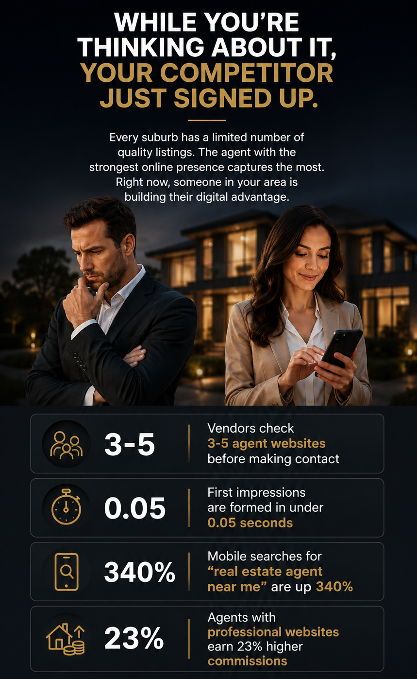 While you're thinking about it, your competitor just signed up — key stats about vendor research, first impressions, mobile search growth, and agent commissions