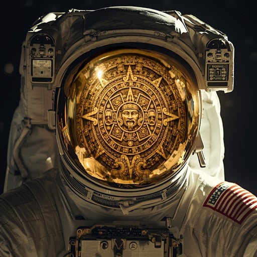 Astronaut with Aztec calendar sun stone reflected in golden visor — the Elder Astronaut