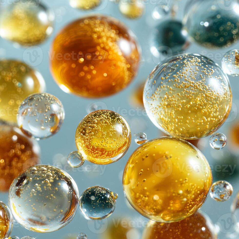 Golden bubbles and gold particles in sparkling wine, macro close-up