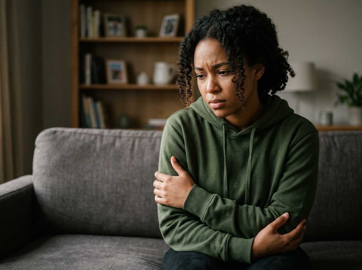 A young Black woman veteran sitting on a couch cradling her arm close to her body in a protective posture, her face showing frustration and defeat