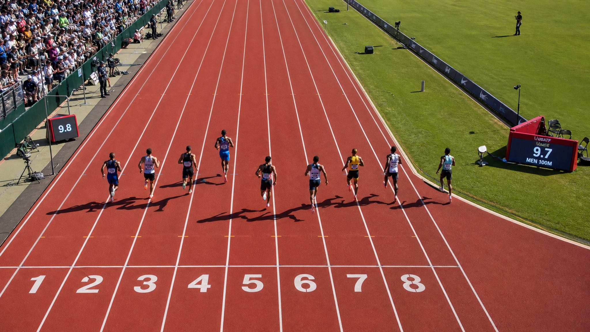 Athletes sprinting on a red running track