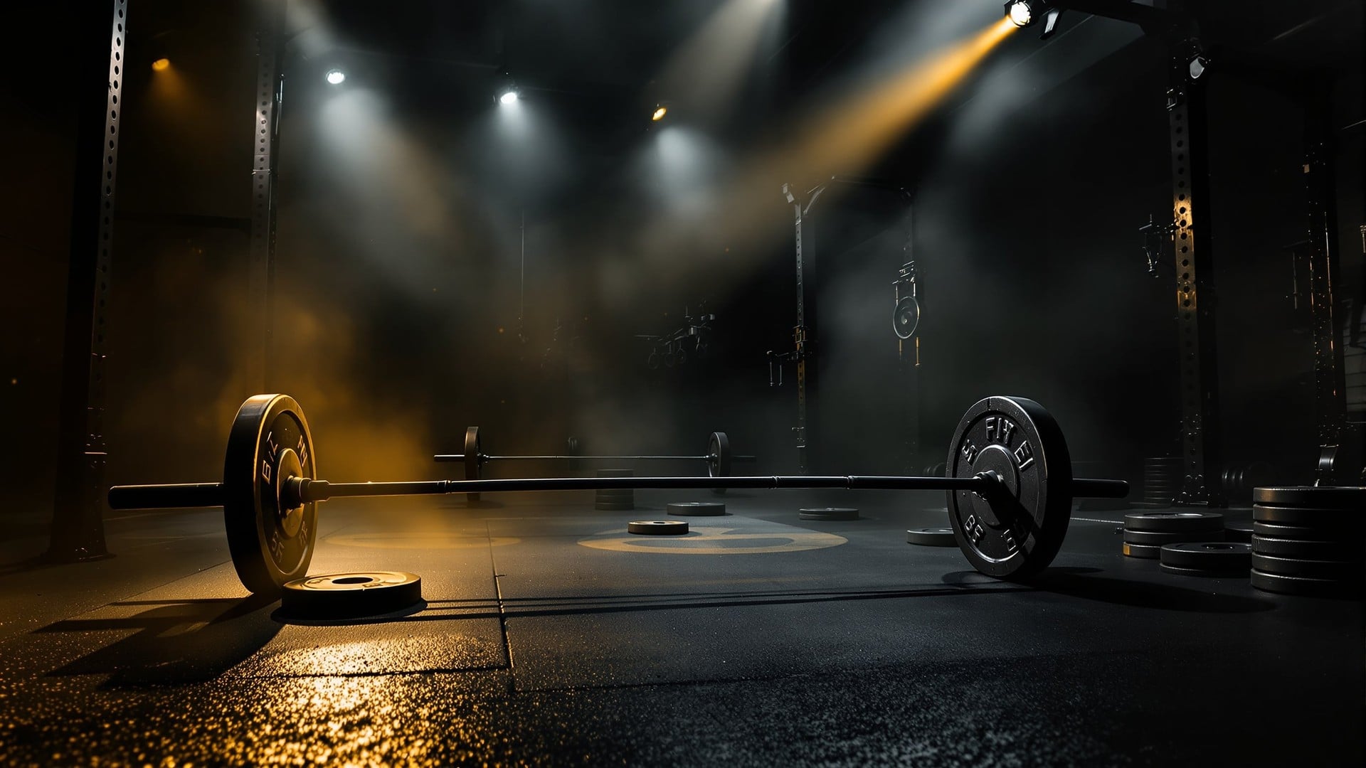 Iron weights in a dark atmospheric gym