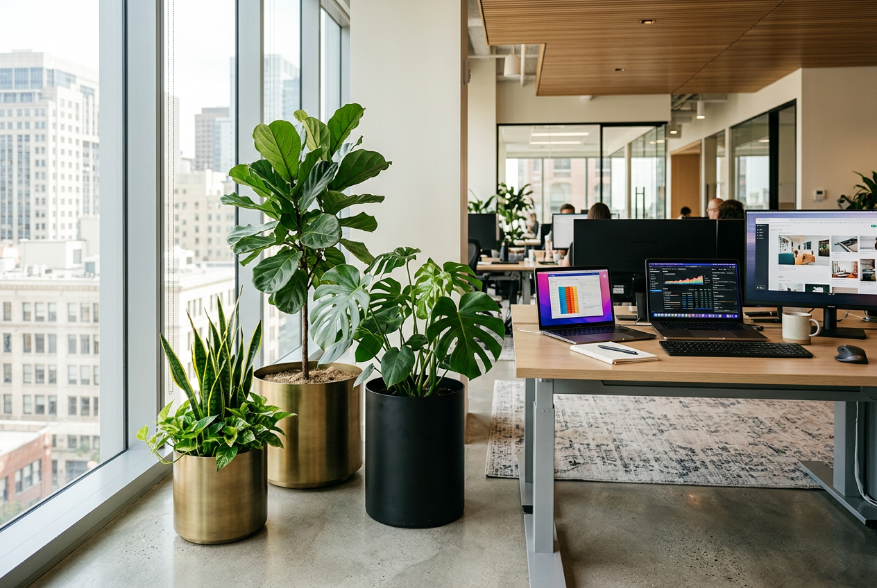 Open-plan office with a trio of metallic planters beside laptops and monitors