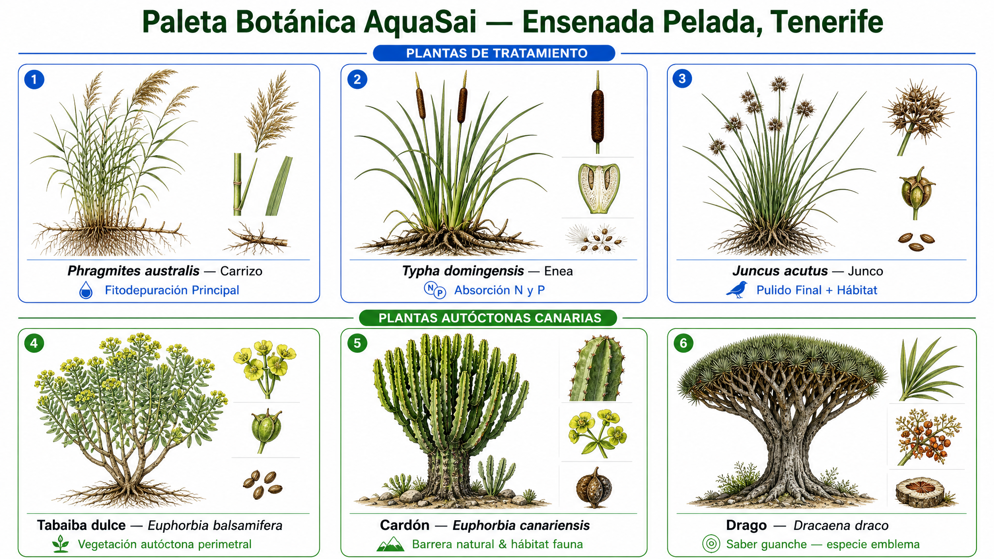 Paleta botánica AquaSai — plantas de tratamiento y flora guanche