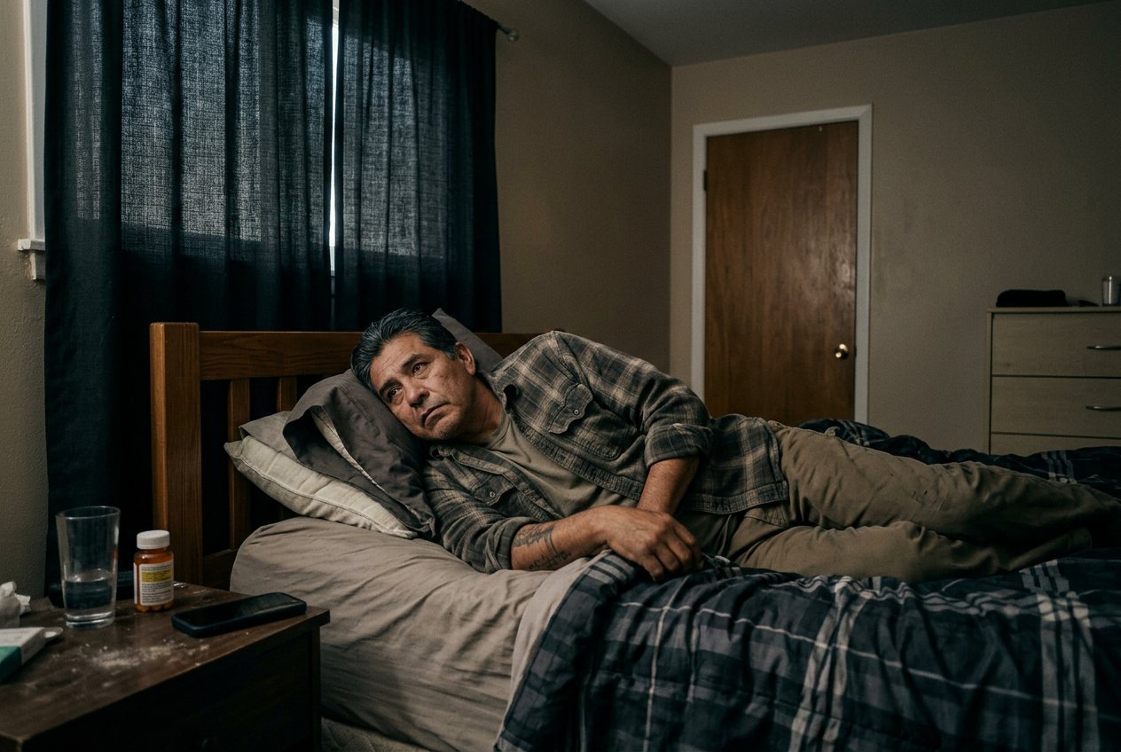A man lying in bed fully clothed in the middle of the day with heavy curtains drawn shut, isolating in darkness