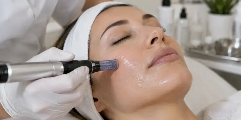 Esteticista realizando microagulhamento facial em cliente em Sorocaba