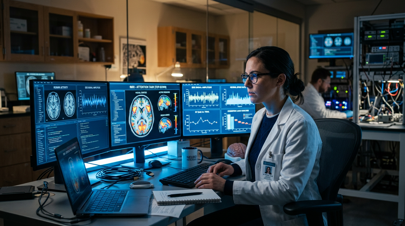 Cientista analisando dados de imagem cerebral em múltiplas telas — pesquisa de neurociência sobre atenção