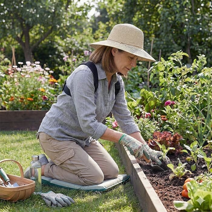 Woman wearing a posture support harness while gardening outdoors
