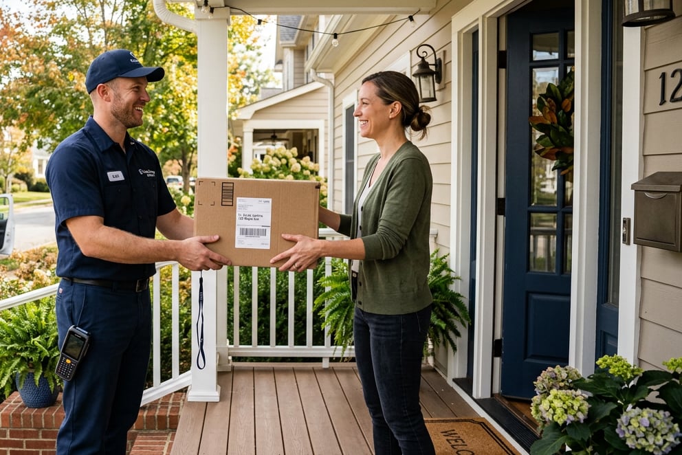 Delivery professional handing package to customer at doorstep, representing regional same-day delivery