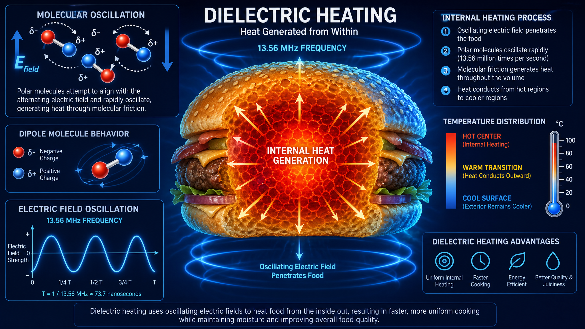 Dielectric heating principle showing electromagnetic field interaction with food molecules