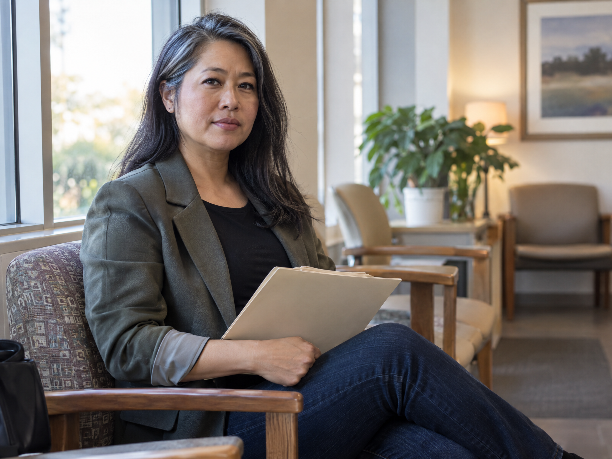 A woman veteran waiting calmly for her appointment with her claim folder