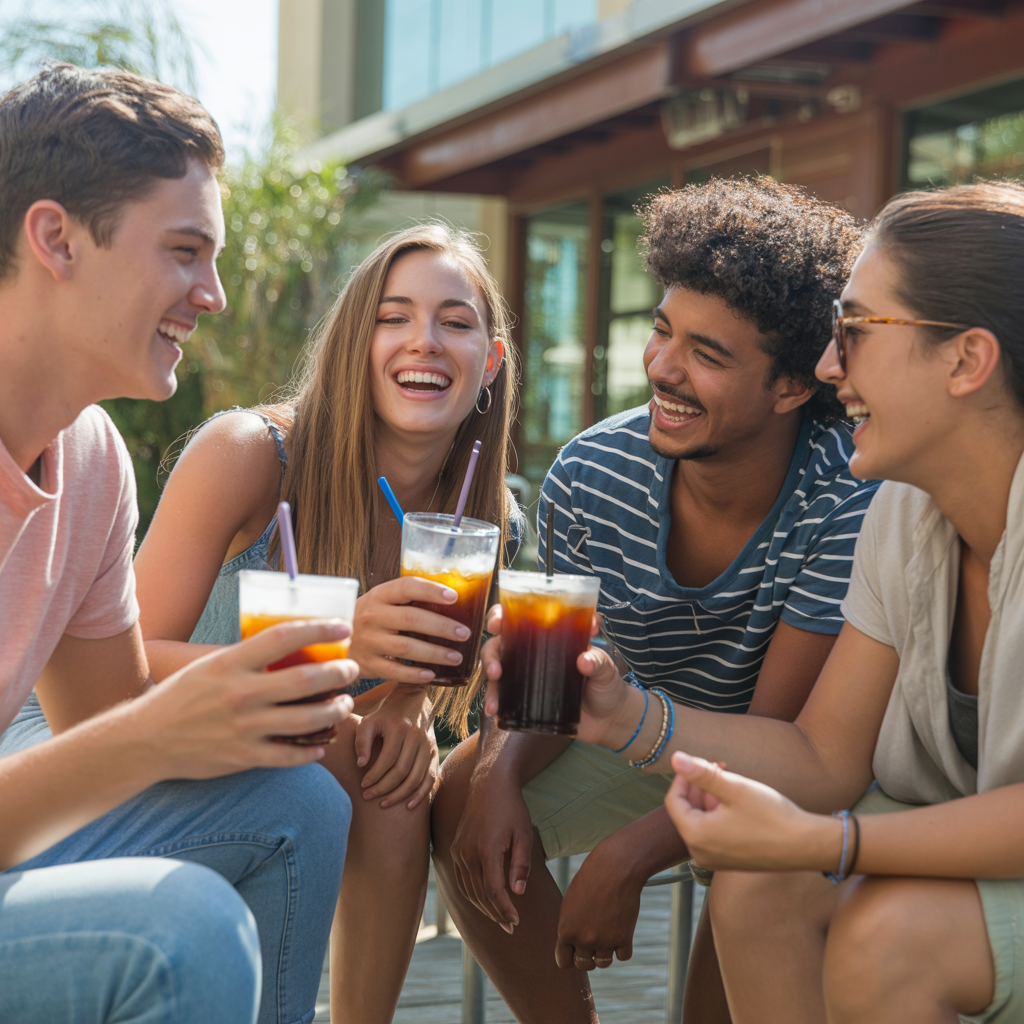 Group of friends with coffee outdoors
