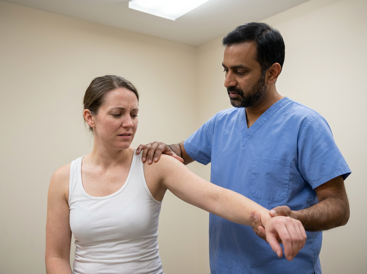 A South Asian male clinician performing the sulcus sign test on a white female veteran, pulling her arm downward to observe the gap at the acromion