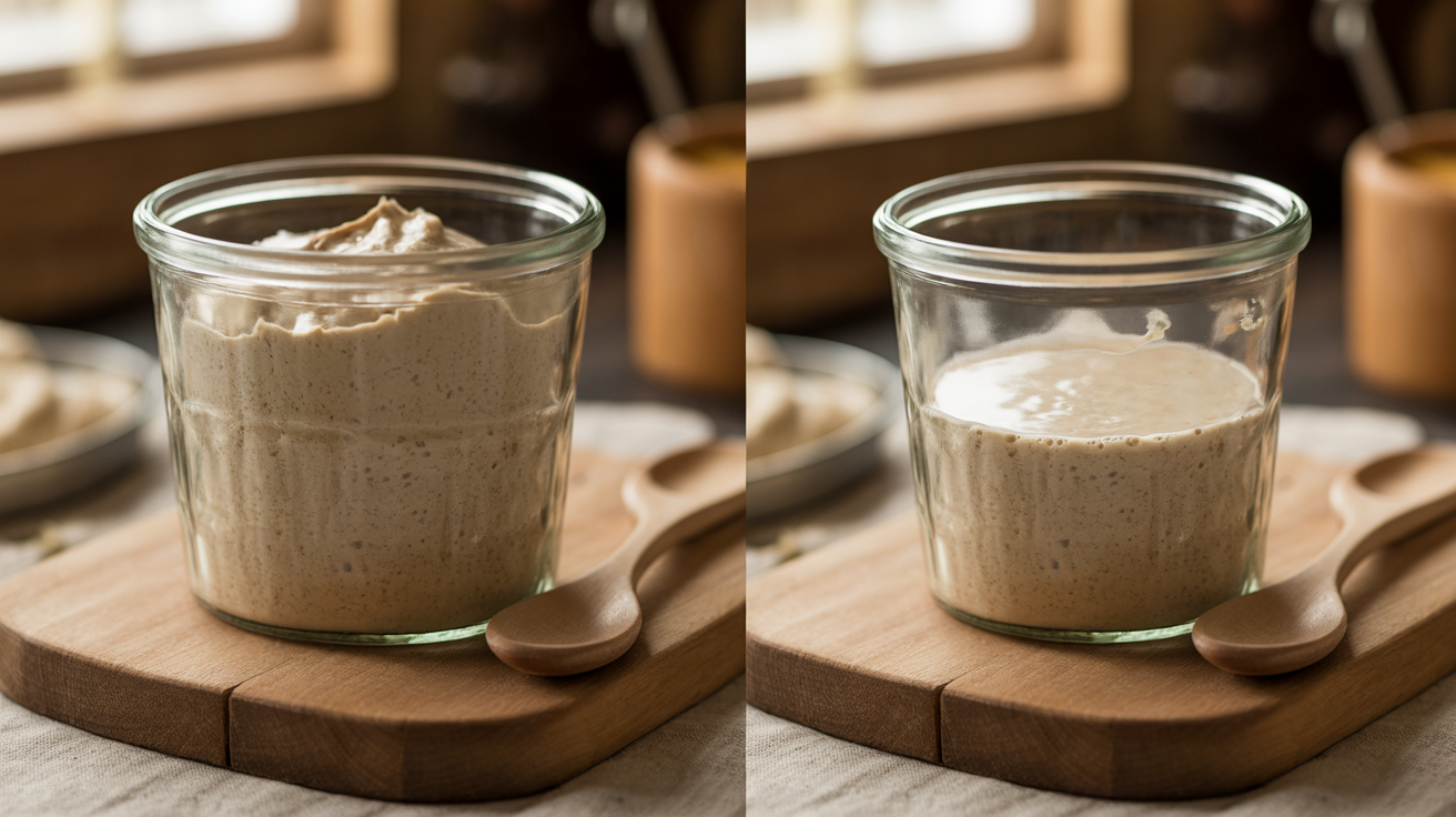 Two glass jars side by side, left containing thick paste-like stiff sourdough starter and right containing pourable liquid starter