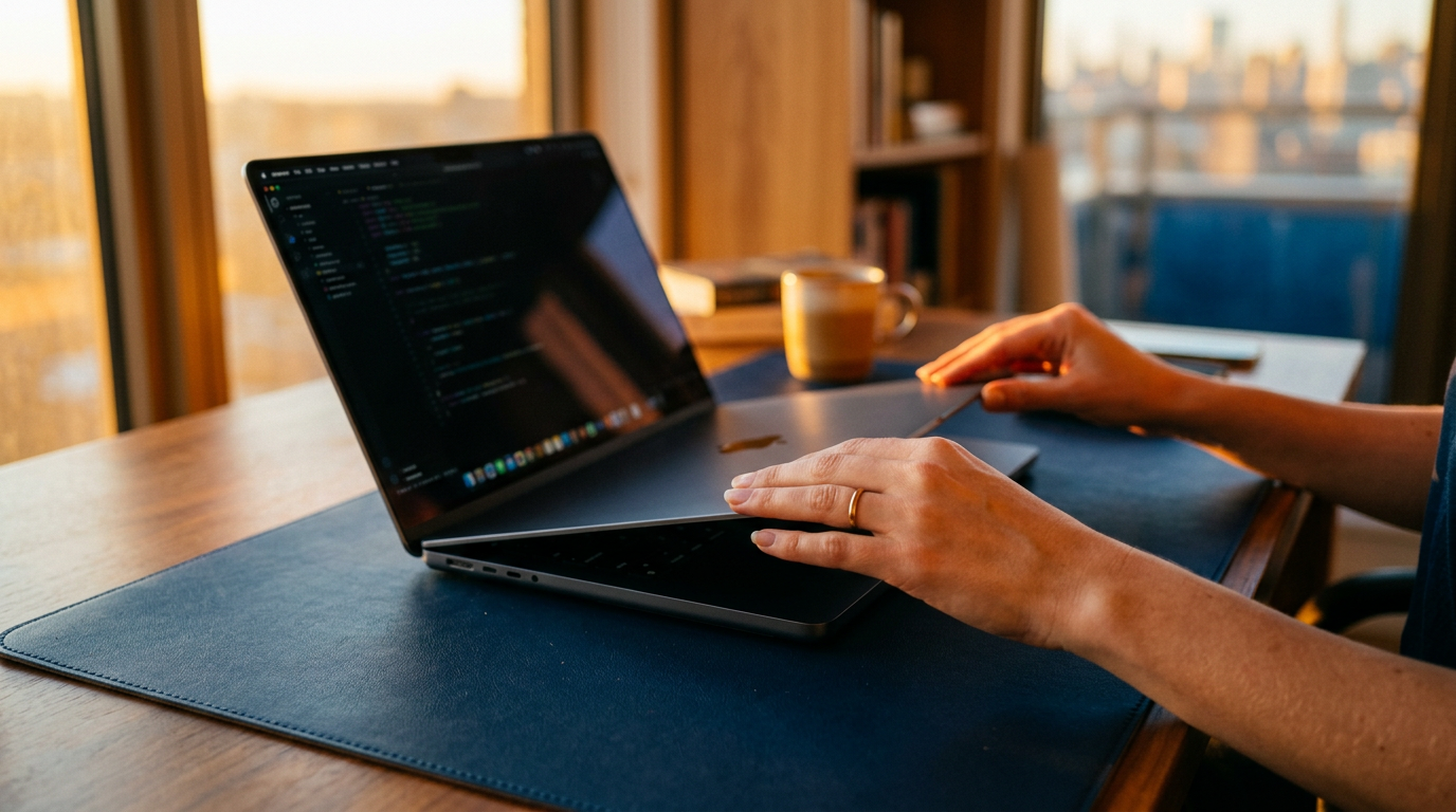 Mãos fechando laptop ao final do dia representando limites claros de trabalho