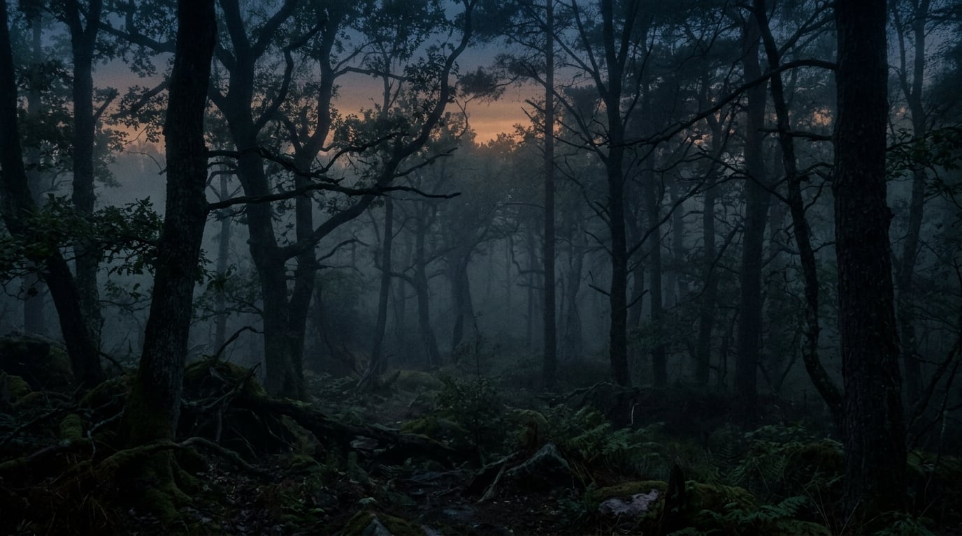 Misty ancient forest at dusk - atmospheric and transformational