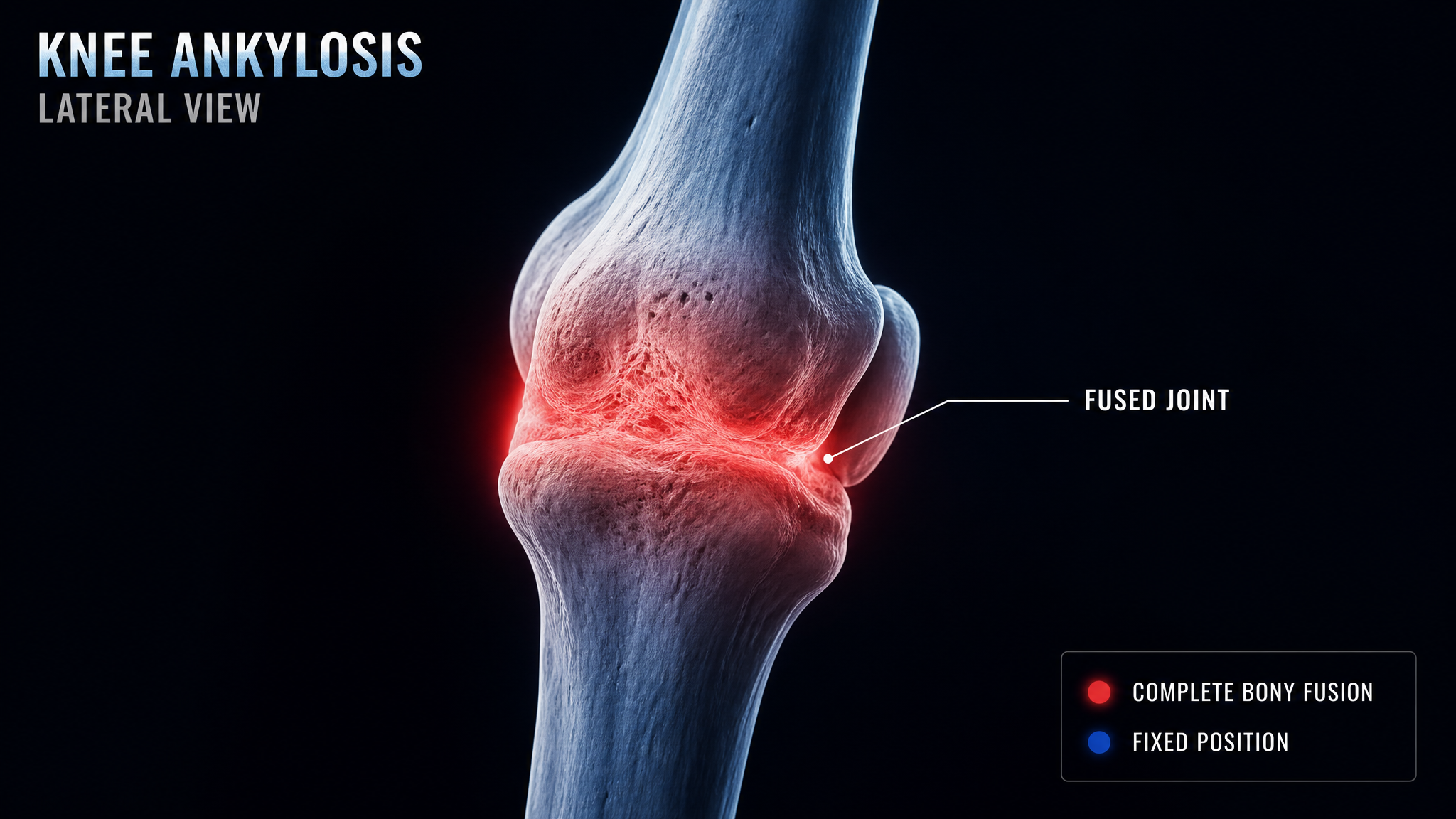 Knee diagram showing complete joint fusion (ankylosis) with bone bridging across the joint