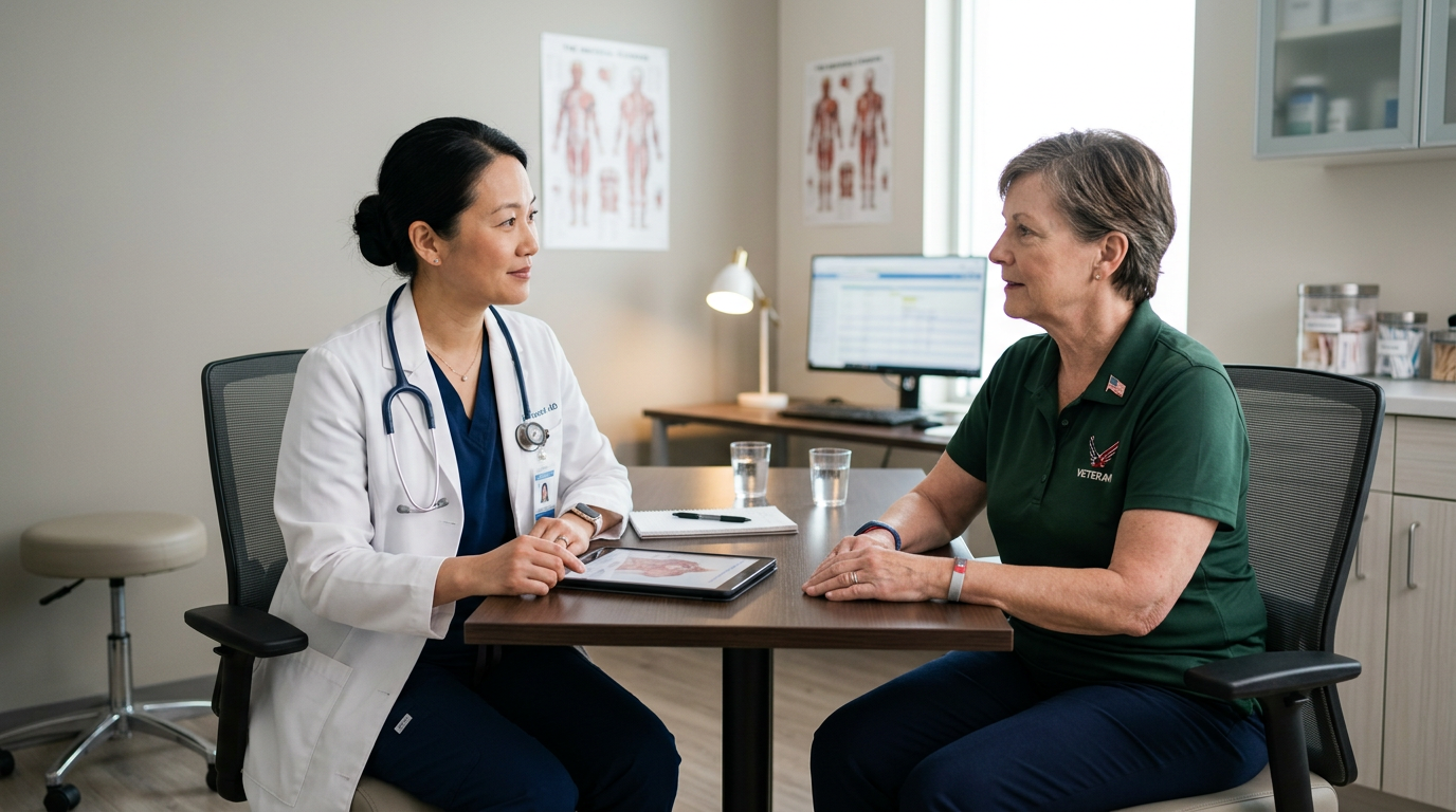 East Asian female surgeon consulting with a woman veteran in a clinical consultation room