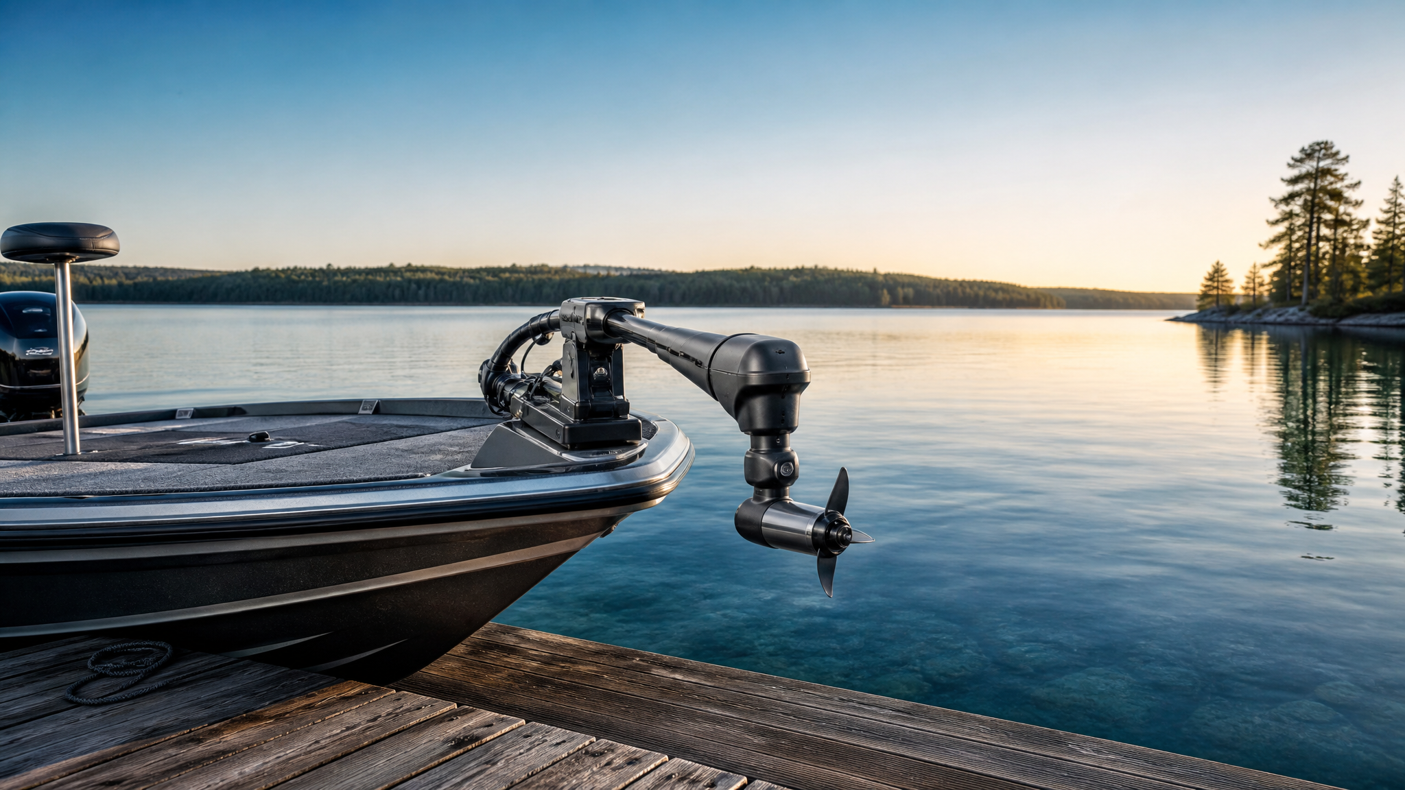 Bow-mounted electric trolling motor installed on a fishing boat beside a calm freshwater lake