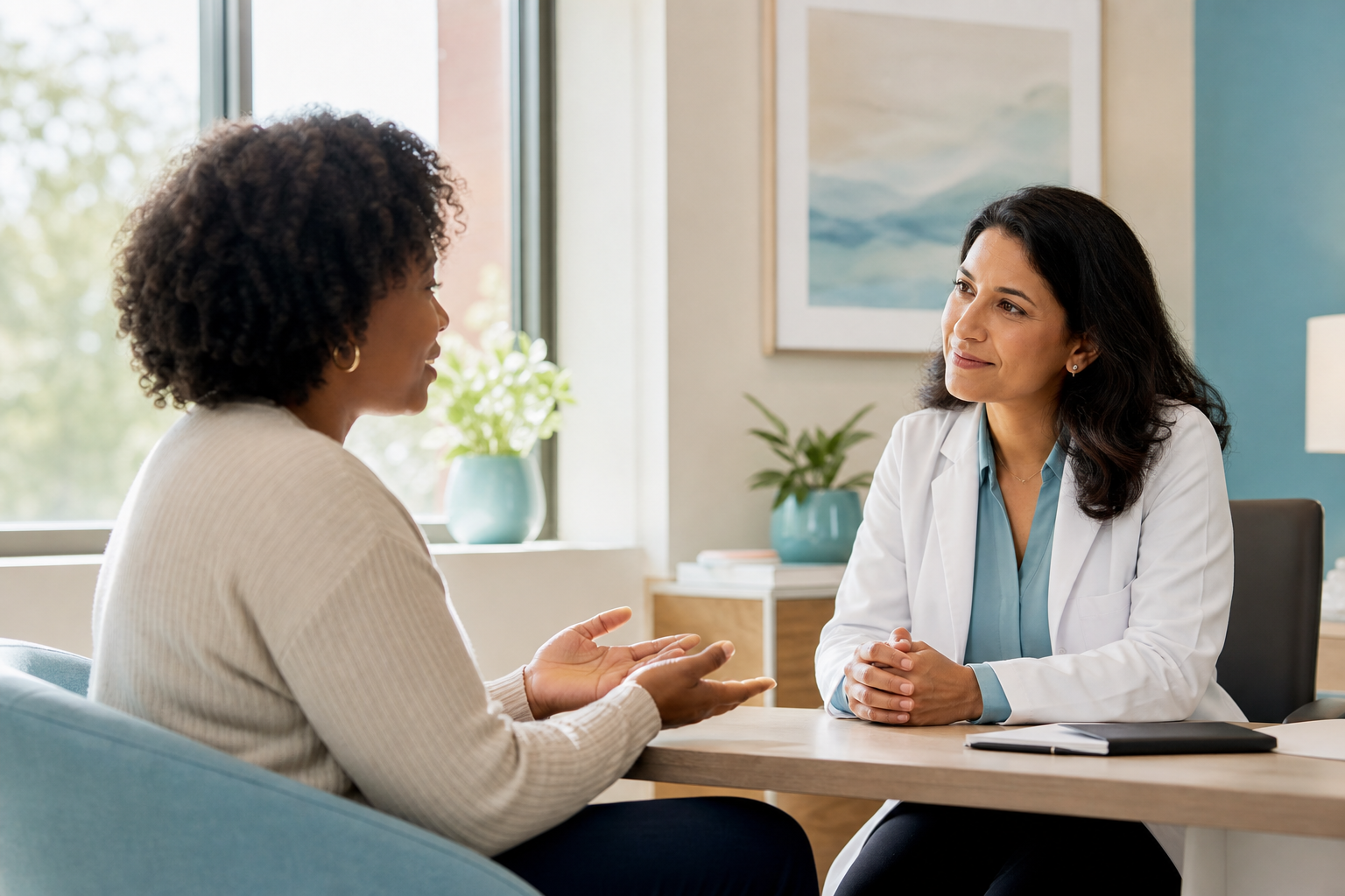 A patient and a doctor talking together over notes in a calm, sunlit consultation room