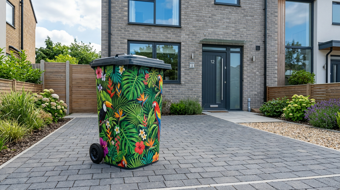 Tropical jungle wrapped wheelie bin outside modern UK townhouse