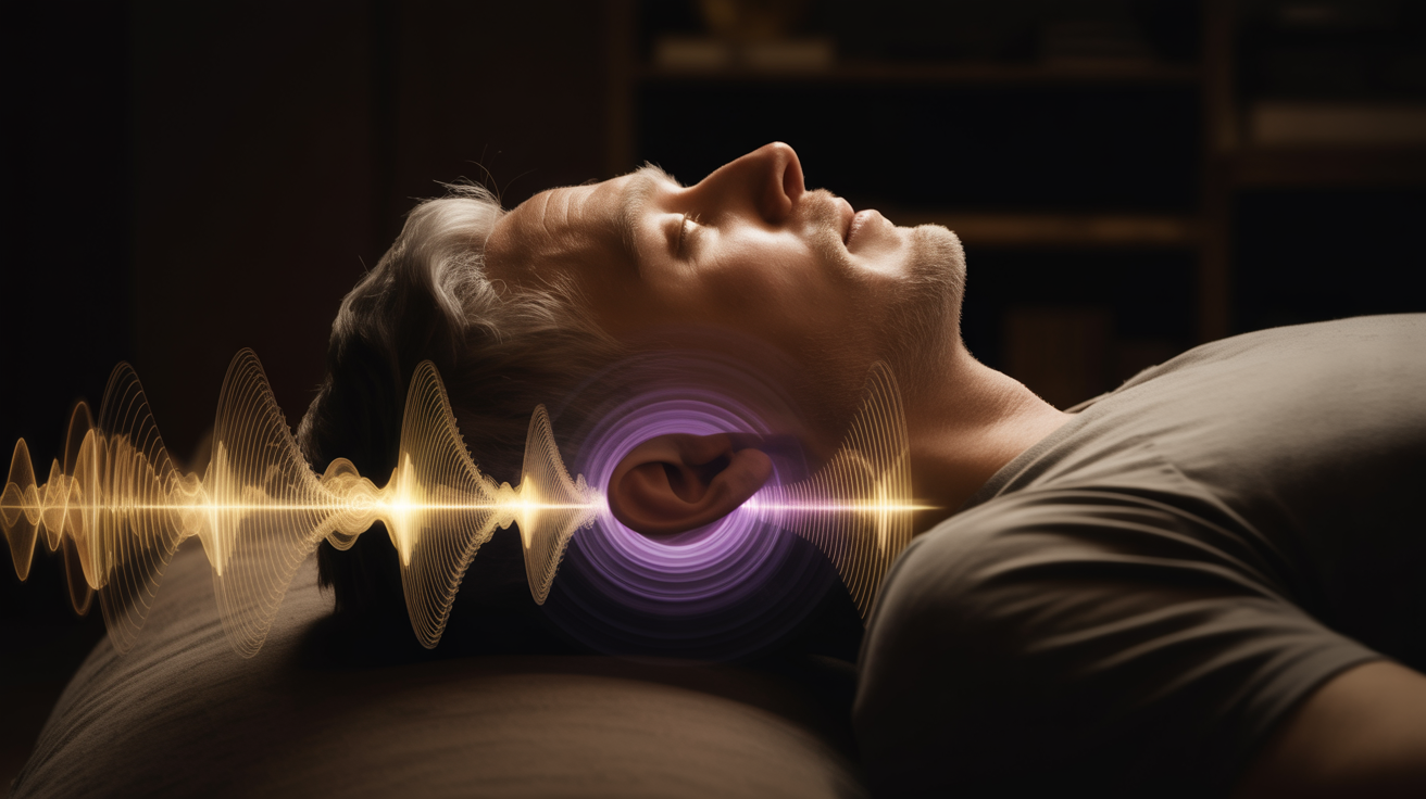 Čovek leži u mraku — oko glave, posebno levog uha, zlatni talasi zvuka Plerome vibriraju u tišini