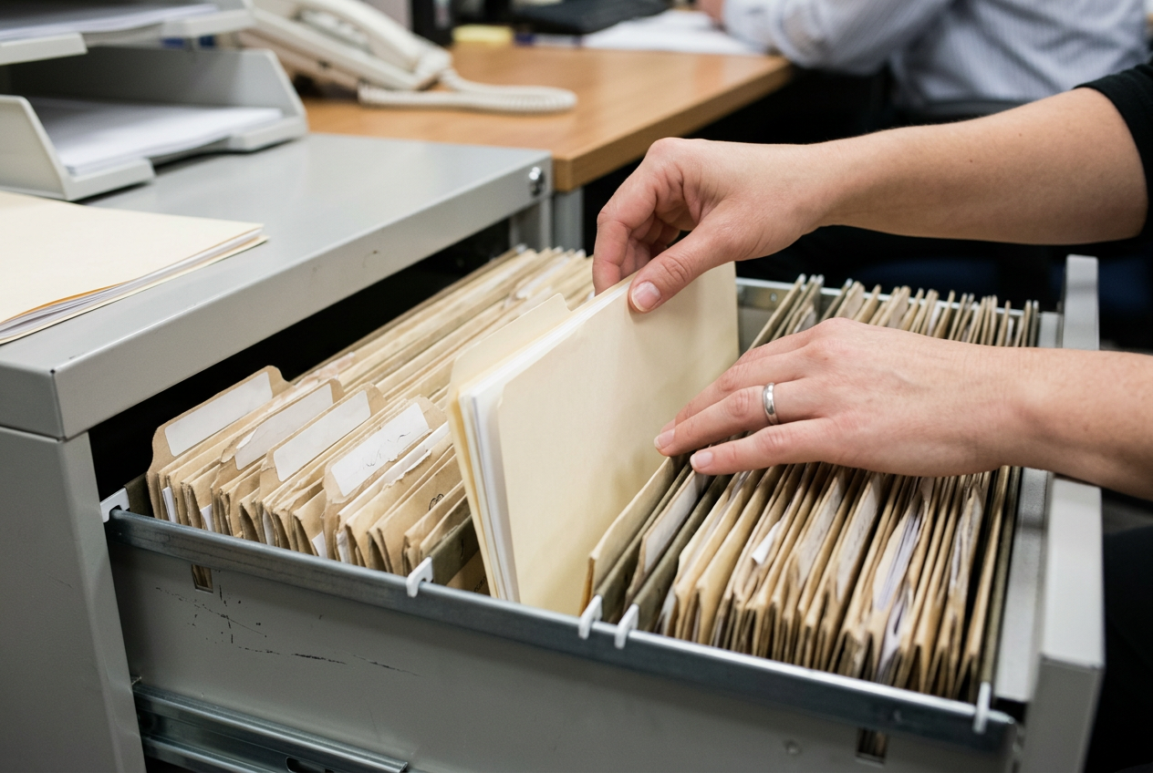 Hands organizing and retrieving official records from folders at an administrative desk
