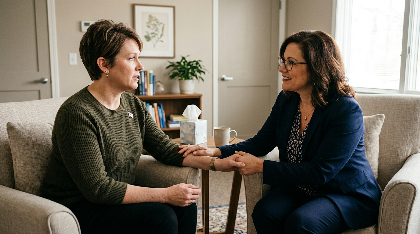 White woman veteran in her 40s in a supportive counseling moment with a female clinician in a professional office
