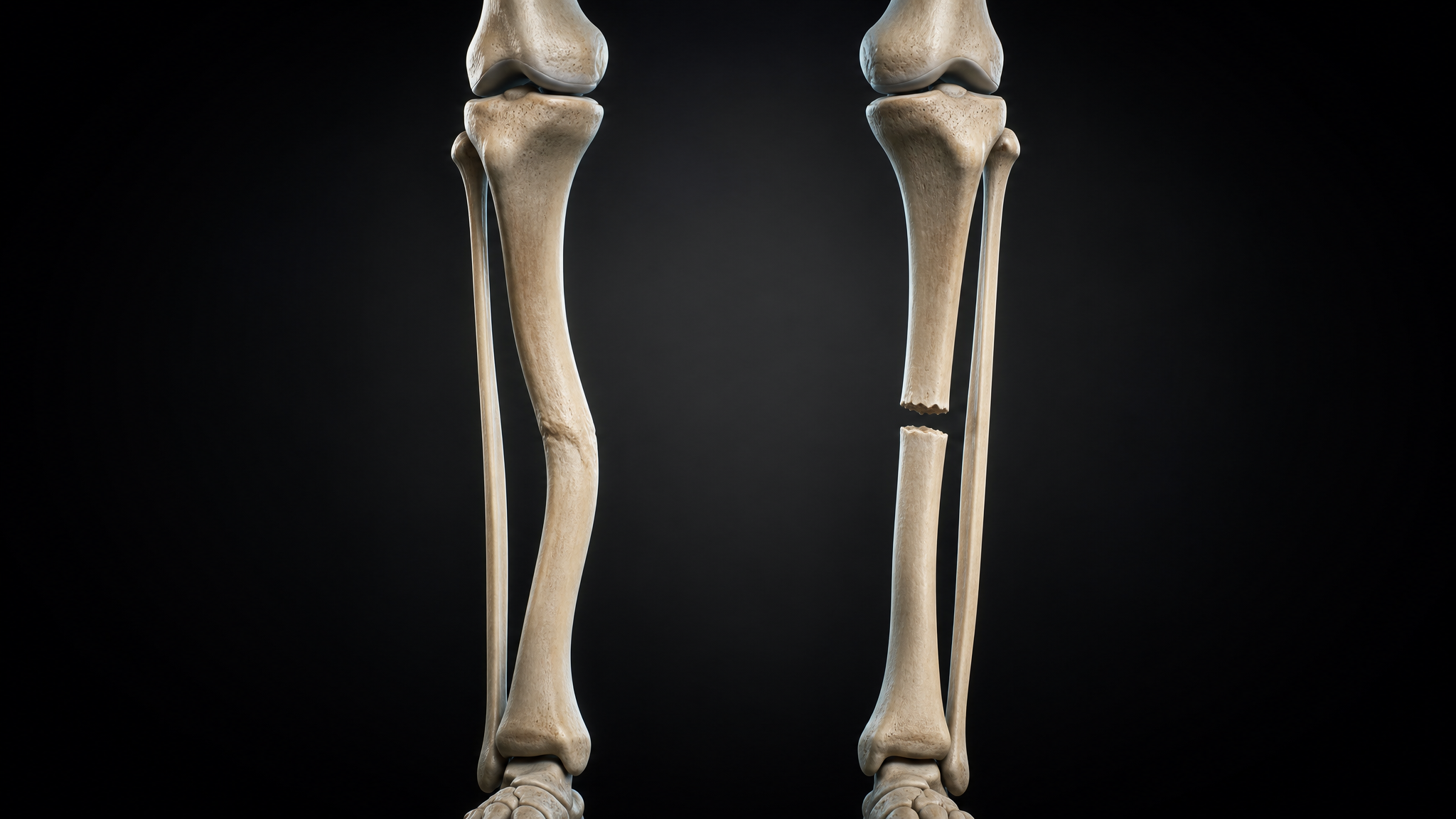 3D anatomical render comparing a lower leg with a healed but bowed tibia against one with an unhealed gap between the bone ends, in a dark cinematic setting, with no labels