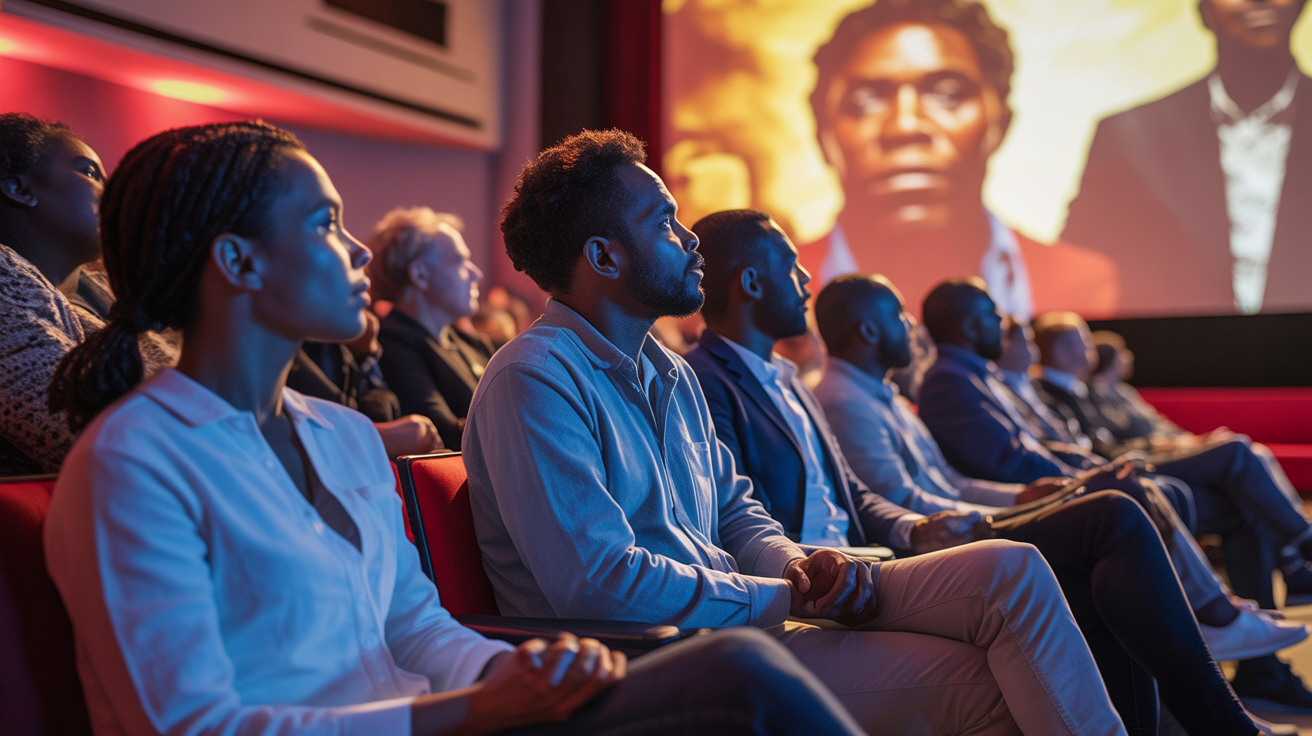 African film screening event in a modern theater with engaged audience