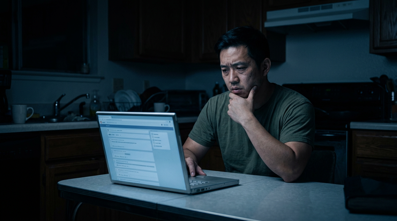 A veteran alone at night overwhelmed by generic online claim checklists on a laptop