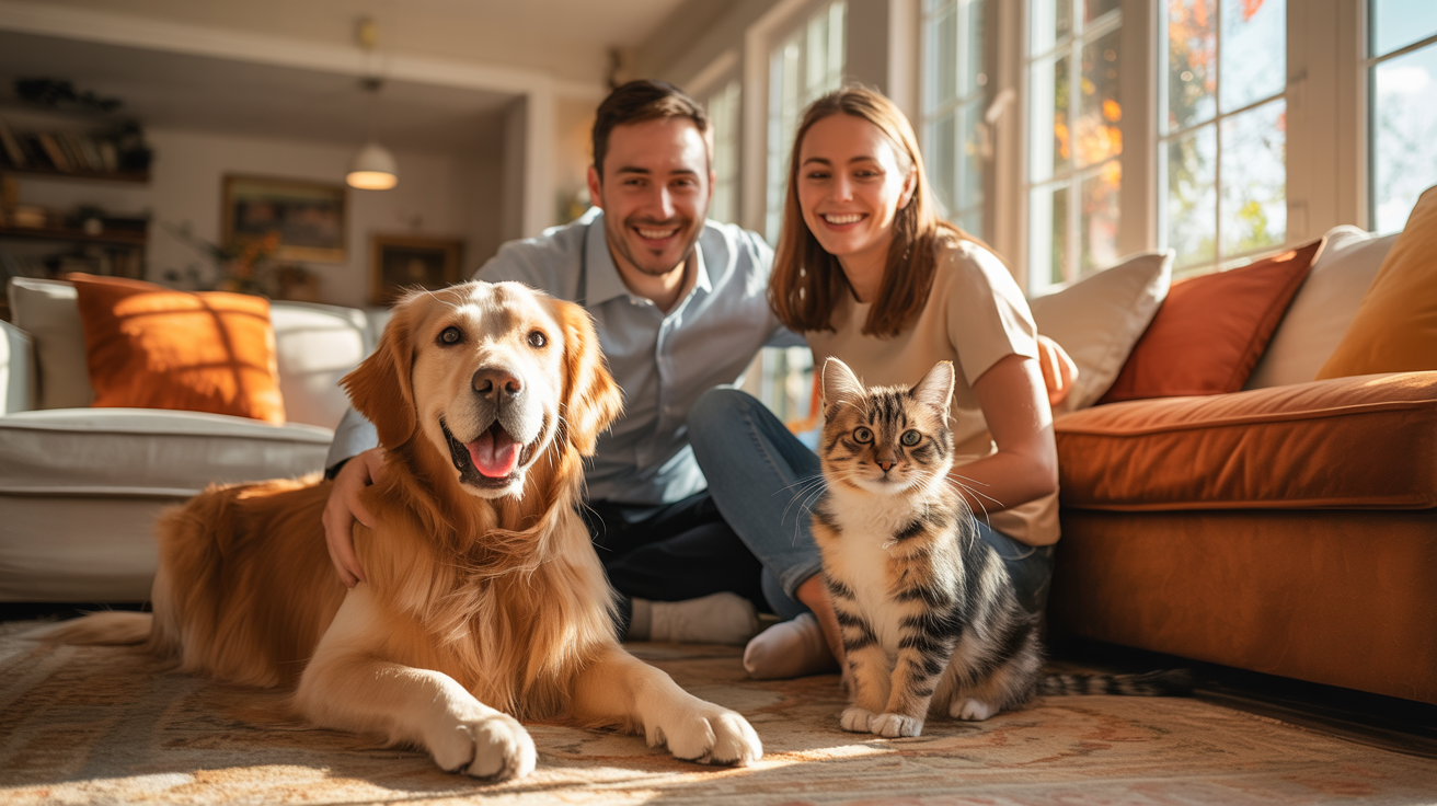 Happy family with pets