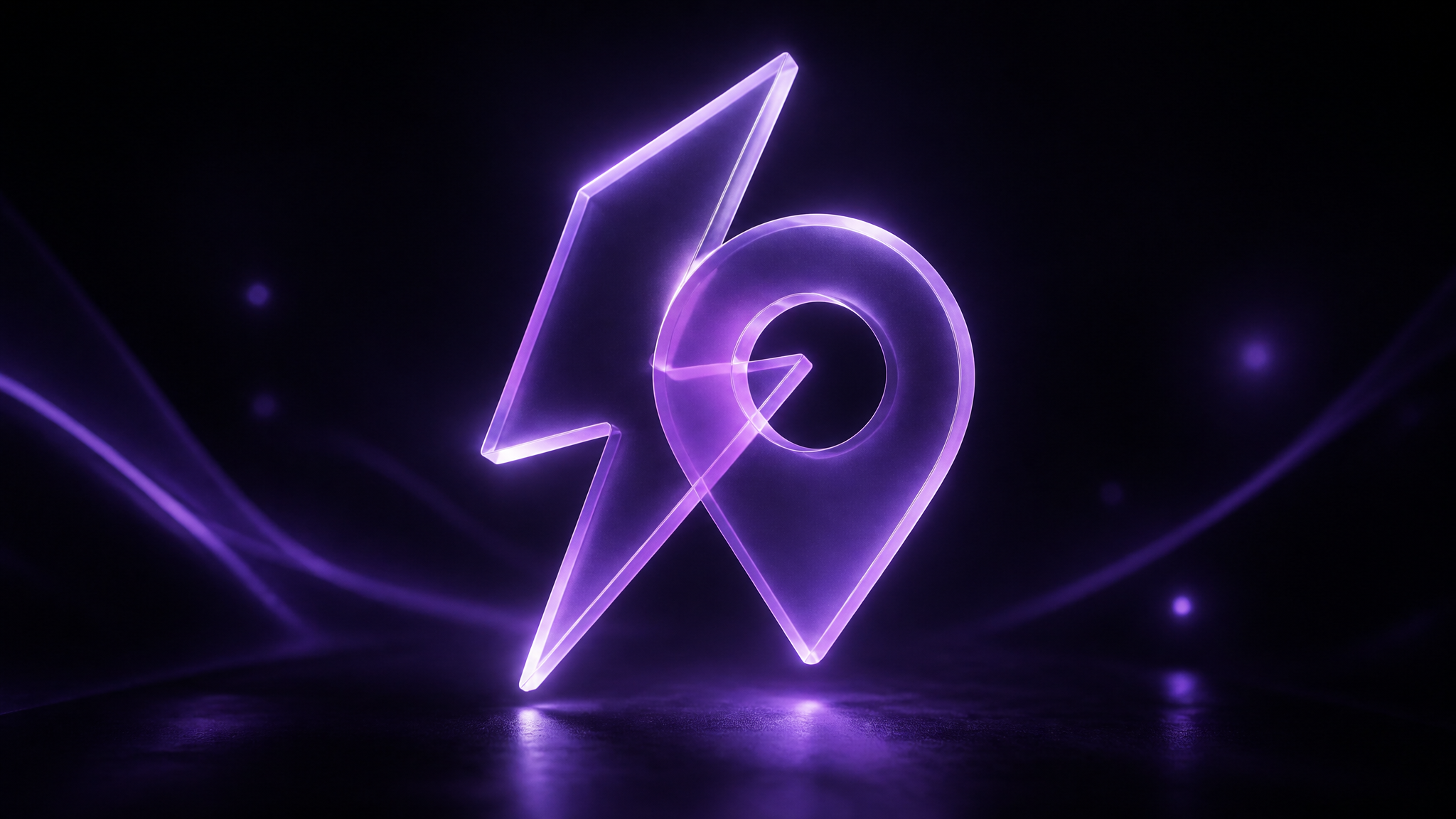 A frosted-glass glowing lightning bolt crossing a translucent map location pin, floating in the dark