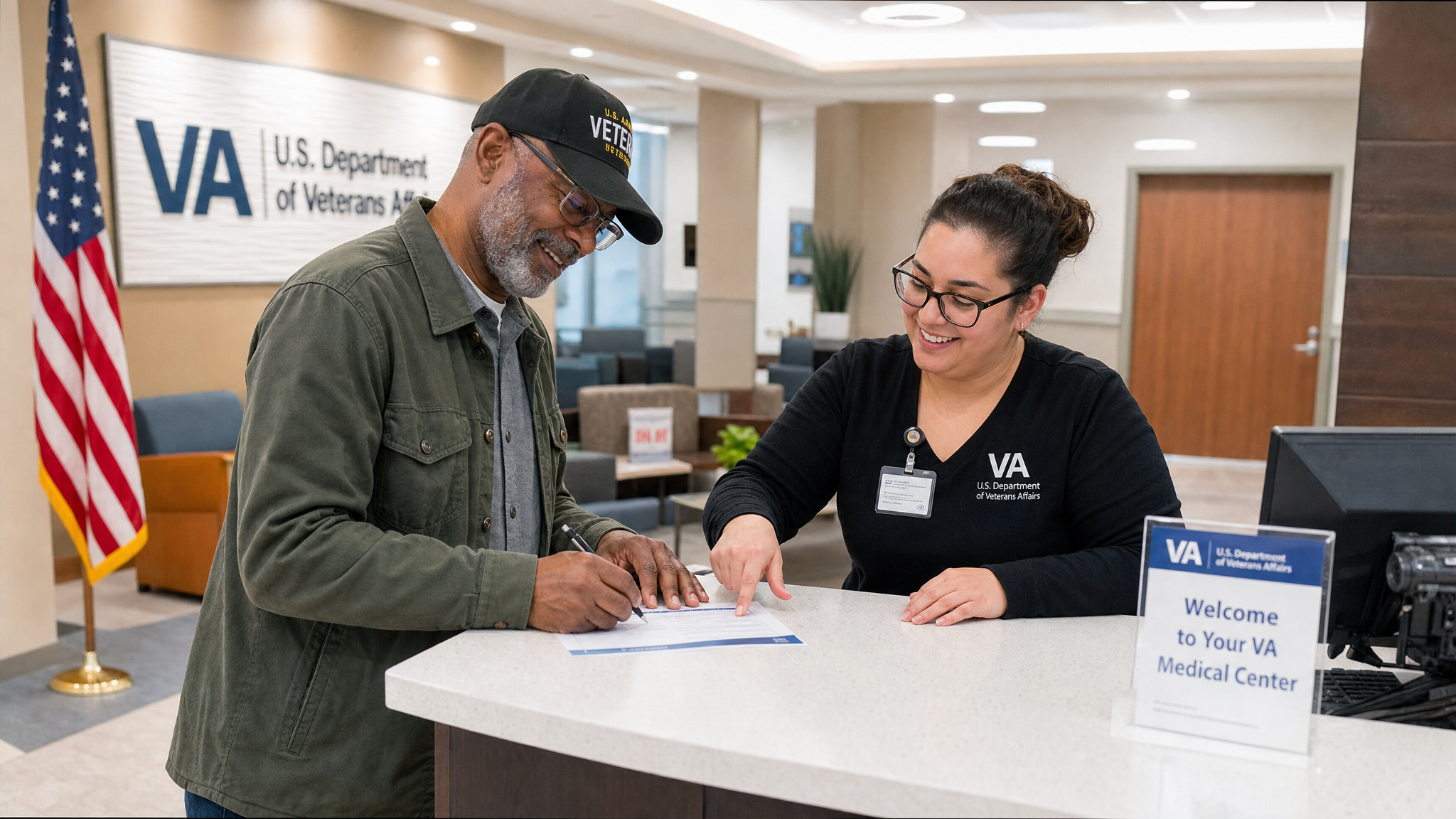 A veteran being welcomed at a VA medical center enrollment desk