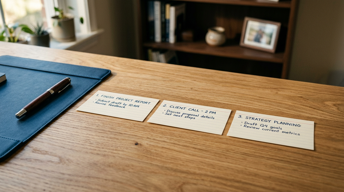 Três cartões de prioridades sobre mesa minimalista