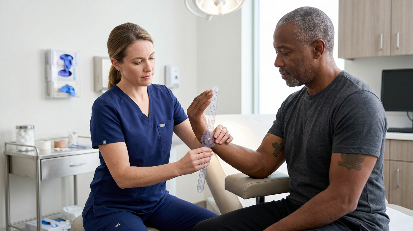 A white female clinician using a goniometer to measure wrist dorsiflexion on a seated Black male veteran patient in a modern clinical examination room