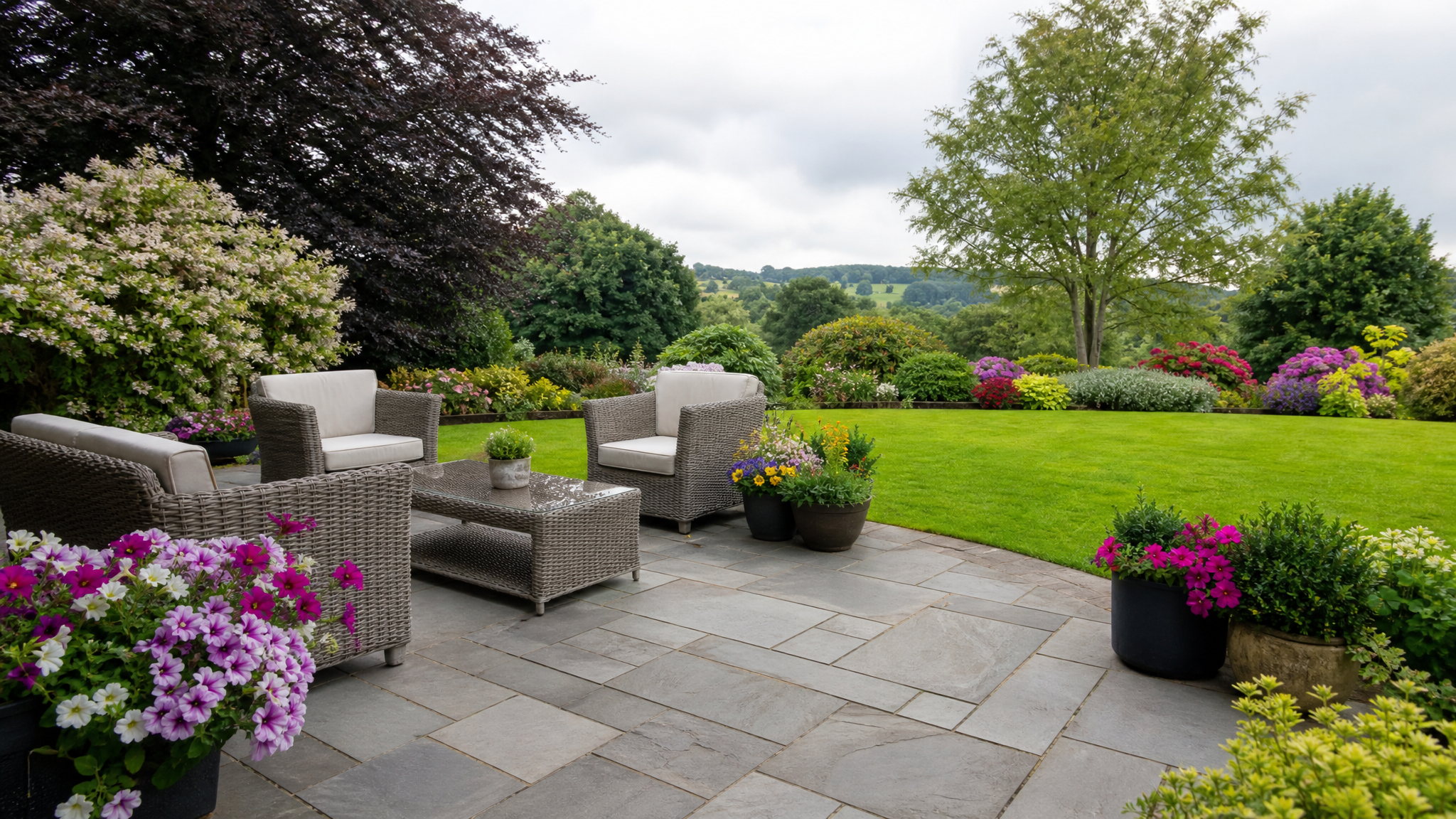 Beautiful Irish garden patio with natural stone paving and lush green lawn