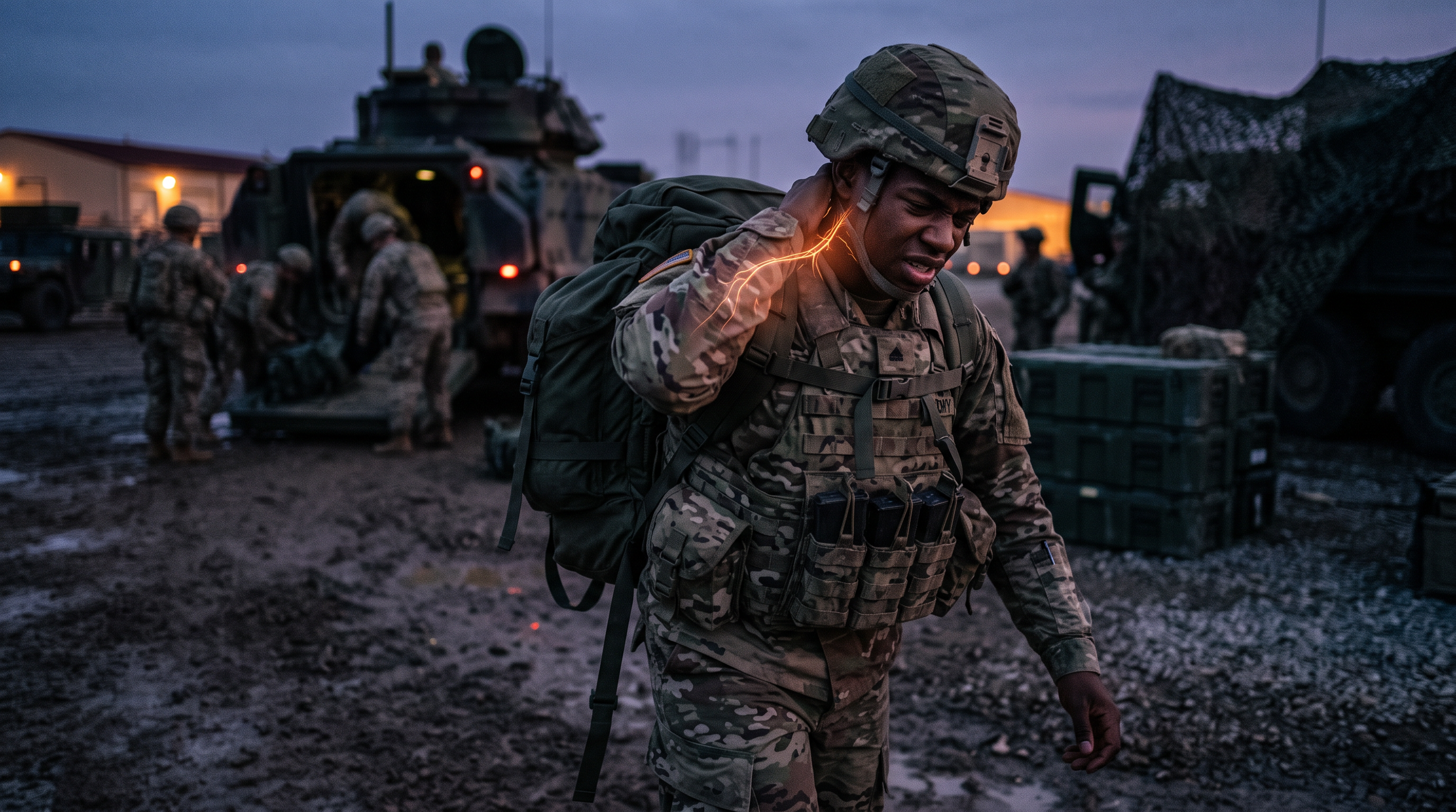 A Black male soldier in uniform straining under a heavy rucksack and body armor on a dark tactical staging ground at dusk, one hand reaching to the back of his neck, a hot-orange nerve glow tracking from his cervical spine down his shoulder and arm