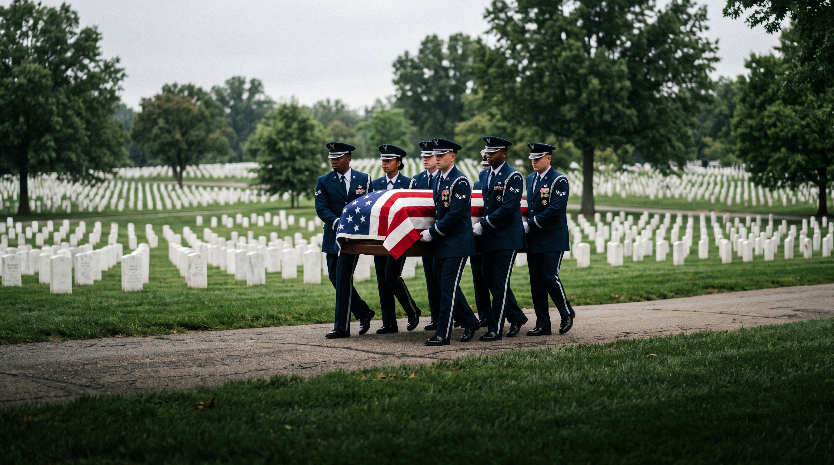 A flag-draped casket carried by a diverse military pallbearer detail through a national cemetery