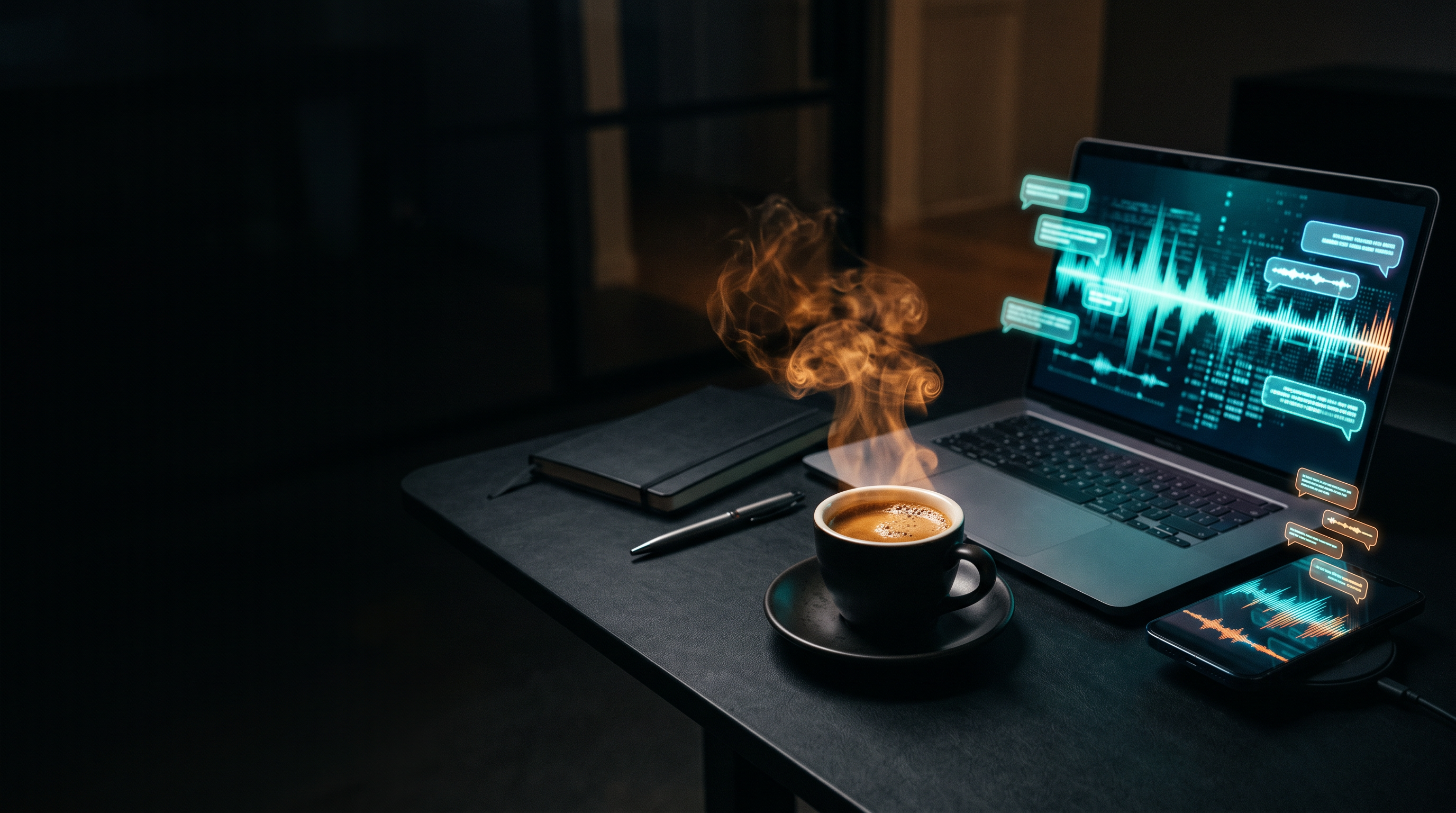 Espresso cup beside glowing devices showing AI voice waveforms