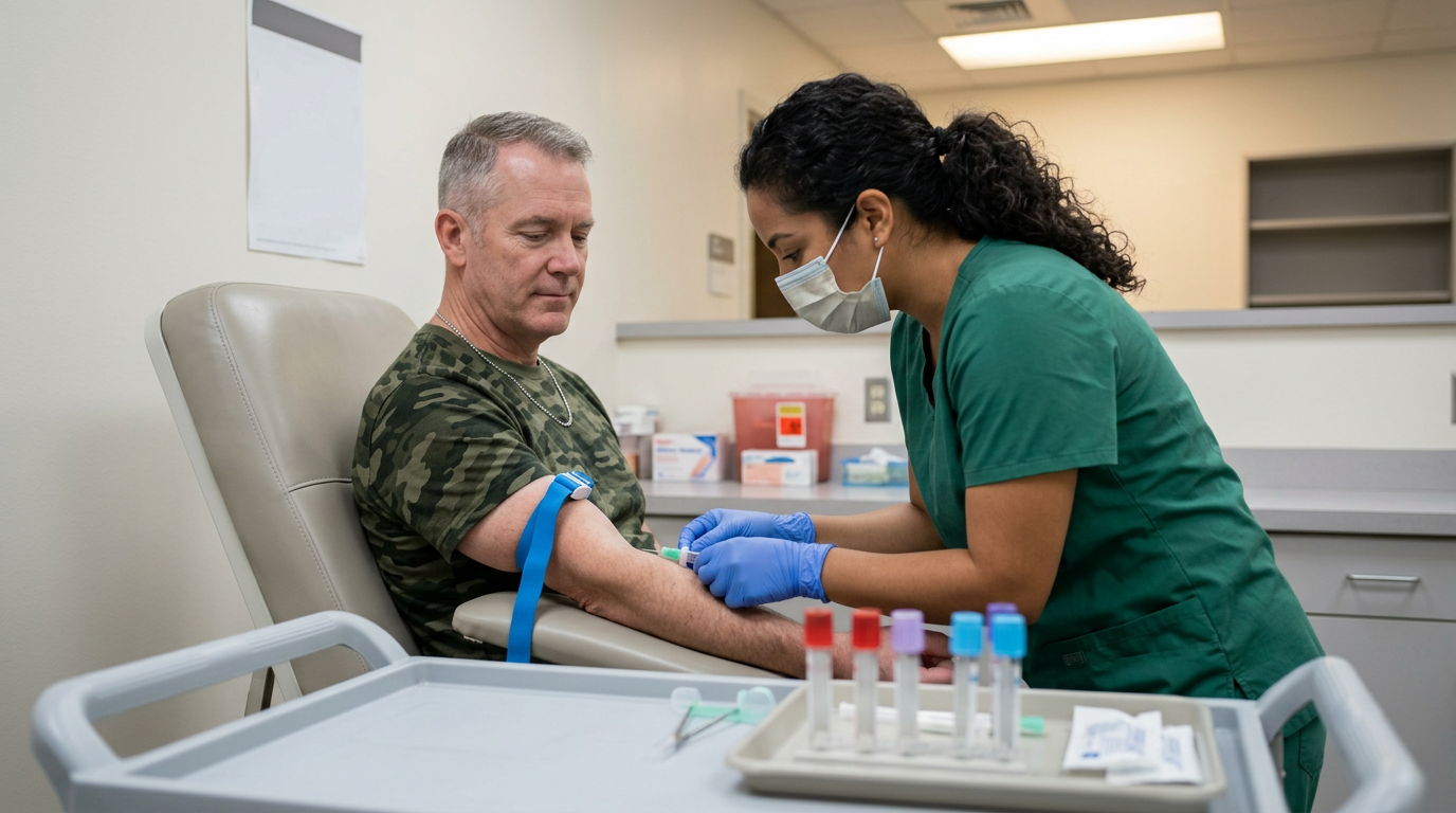 White male veteran having blood drawn by a Hispanic female phlebotomist for renal function testing